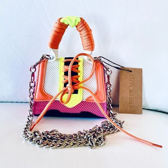 NWT Steve Gorgeous Madden BDORRA Neon Orange Pink Silver Crossbody mini bag - Picture 5 of 13
